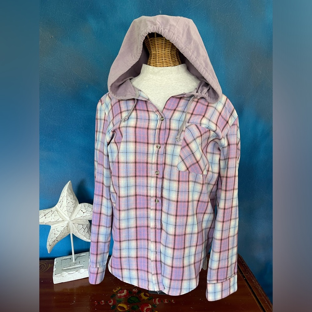 Plaid Hoodie Button Front Size Small